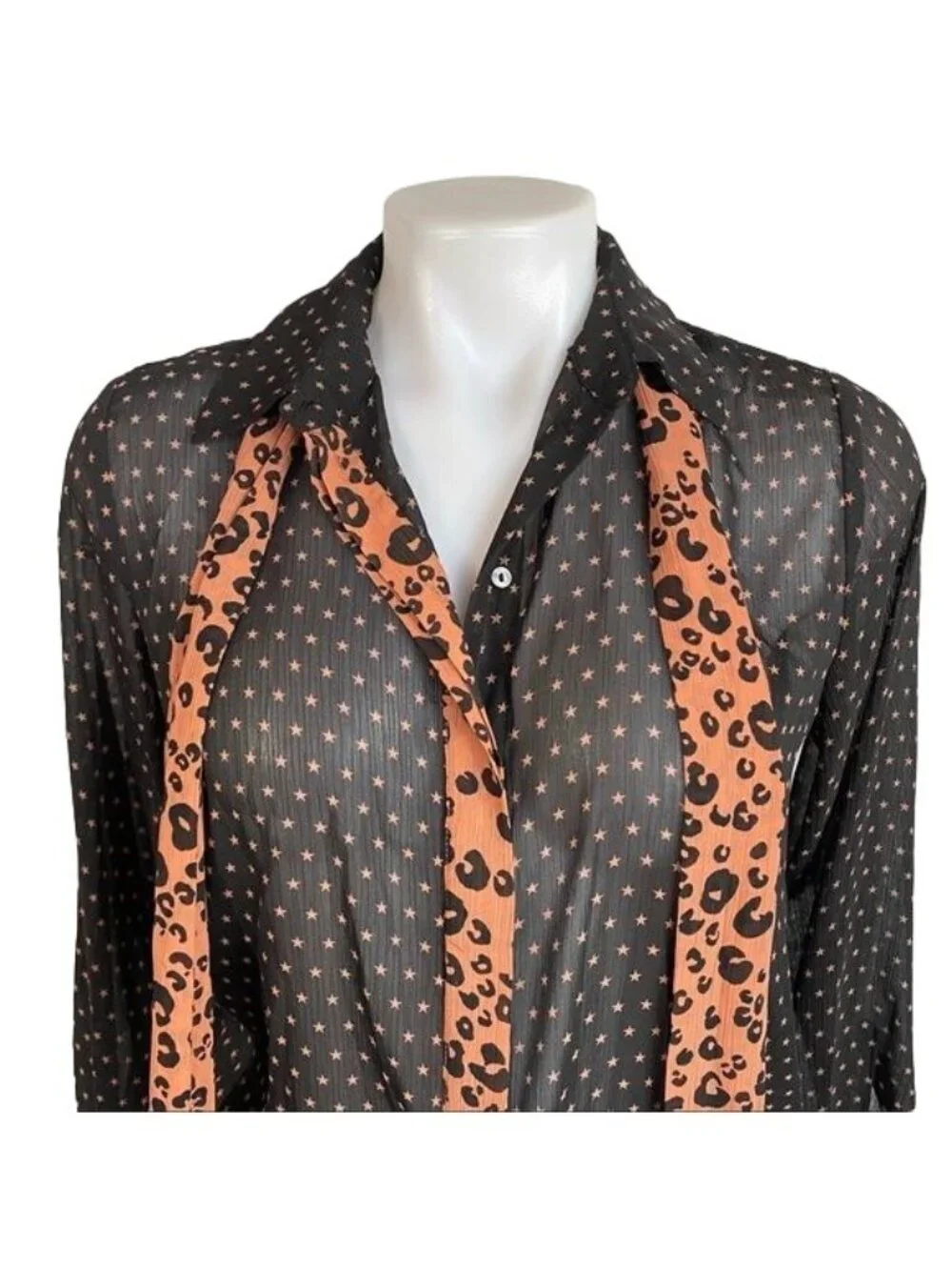 Scotch & Soda Maison Scotch Black Sheer Star Print Blouse With Leopard Print Acc - Picture 6 of 12